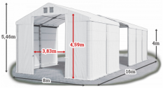 Skladový stan 8x16x4m střecha PVC 560g/m2 boky PVC 500g/m2 konstrukce ZIMA