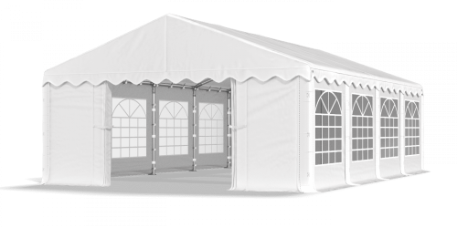 Párty stan 3x8x2m střecha PE 240g/m2 boky PE 240g/m2 konstrukce LÉTO - Barva střešní plachty: Bílá, Barva boční plachty: Ekru, Barva svislých pruhů: Zelená
