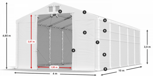 Skladový stan 4x10x3,5m střecha PVC 580g/m2 boky PVC 500g/m2 konstrukce POLÁRNÍ