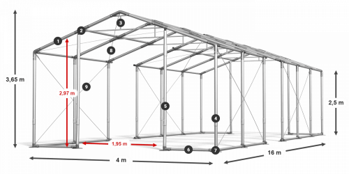 Párty stan 4x16x2,5m střecha PVC 620g/m2 boky PVC 620g/m2 konstrukce ZIMA PLUS