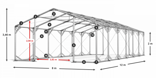 Skladový stan 8x12x2m střecha PVC 620g/m2 boky PVC 620g/m2 konstrukce POLÁRNÍ PLUS
