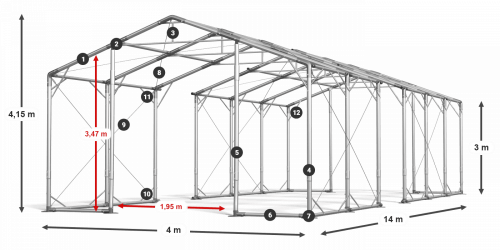 Skladový stan 4x14x3m střecha PVC 580g/m2 boky PVC 500g/m2 konstrukce POLÁRNÍ