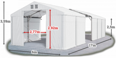 Skladový stan 6x17x2,5m střecha PVC 580g/m2 boky PVC 500g/m2 konstrukce POLÁRNÍ PLUS