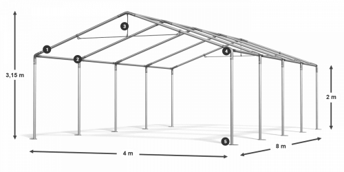 Skladový stan 4x8x2m střecha PE 240g/m2 boky PE 240g/m2 konstrukce LÉTO