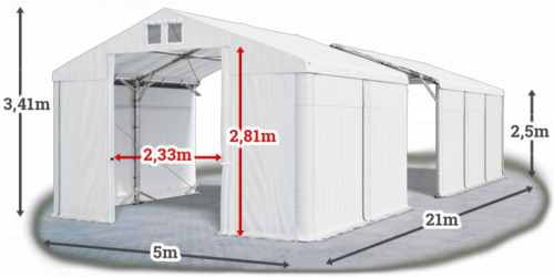 Skladový stan 5x21x2,5m střecha PVC 580g/m2 boky PVC 500g/m2 konstrukce POLÁRNÍ PLUS