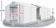 Skladový stan 4x15x4m strecha PVC 580g/m2 boky PVC 500g/m2 konštrukcia ZIMA