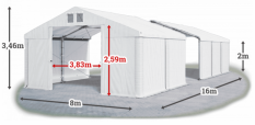 Skladový stan 8x16x2m strecha PVC 560g/m2 boky PVC 500g/m2 konštrukcie ZIMA PLUS