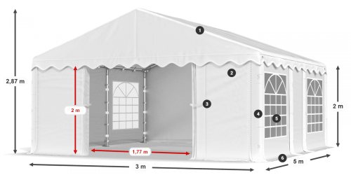 Párty stan 3x5x2m střecha PE 240g/m2 boky PE 240g/m2 konstrukce LÉTO - Barva střešní plachty: Bílá, Barva boční plachty: Bílá, Barva svislých pruhů: Červená