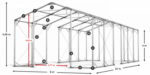 Skladový stan 6x22x4m střecha PVC 580g/m2 boky PVC 500g/m2 konstrukce POLÁRNÍ