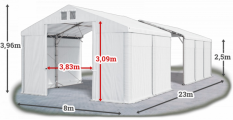 Skladový stan 8x23x2,5m střecha PVC 580g/m2 boky PVC 500g/m2 konstrukce POLÁRNÍ