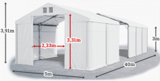 Skladový stan 5x40x3m střecha PVC 560g/m2 boky PVC 500g/m2 konstrukce POLÁRNÍ