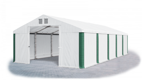 Garážový stan 4x8x2m střecha PVC 560g/m2 boky PVC 500g/m2 konstrukce ZIMA - Barva střešní plachty: Bílá, Barva boční plachty: Bílá, Barva svislých pruhů: Zelená