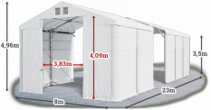Skladový stan 8x23x3,5m strecha PVC 580g/m2 boky PVC 500g/m2 konštrukcia POLÁRNA PLUS