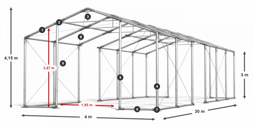 Párty stan 4x30x3m střecha PVC 620g/m2 boky PVC 620g/m2 konstrukce ZIMA PLUS