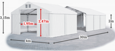 Skladový stan 4x30x2m strecha PVC 620g/m2 boky PVC 620g/m2 konštrukcia POLÁRNA