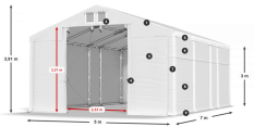 Skladový stan 5x7x3m střecha PVC 620g/m2 boky PVC 620g/m2 konstrukce ZIMA PLUS