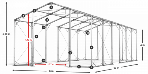 Skladový stan 6x60x4m střecha PVC 580g/m2 boky PVC 500g/m2 konstrukce POLÁRNÍ