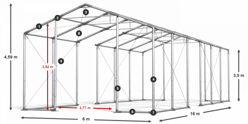 Párty stan 6x16x3,5m strecha PVC 560g/m2 boky PVC 500g/m2 konštrukcia ZIMA PLUS