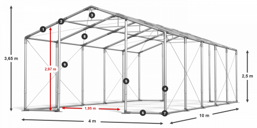 Párty stan 4x10x2,5m strecha PVC 620g/m2 boky PVC 620g/m2 konštrukcia ZIMA PLUS
