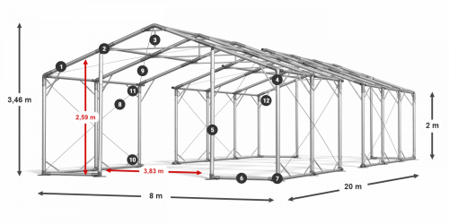 Párty stan 8x20x2m střecha PVC 620g/m2 boky PVC 620g/m2 konstrukce POLÁRNÍ