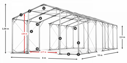 Skladový stan 6x15x2,5m strecha PVC 620g/m2 boky PVC 620g/m2 konštrukcia POLÁRNA