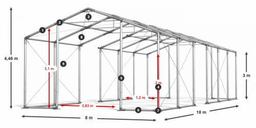 Skladový stan celoroční 8x18x3m nehořlavá plachta PVC 600g/m2 konstrukce ZIMA PLUS
