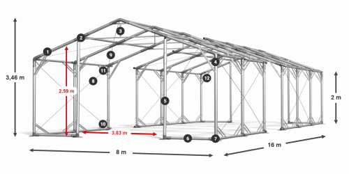 Skladový stan 8x16x2m strecha PVC 620g/m2 boky PVC 620g/m2 konštrukcia POLÁRNA PLUS
