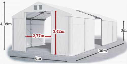 Skladový stan 6x30x3m střecha PVC 620g/m2 boky PVC 620g/m2 konstrukce ZIMA PLUS