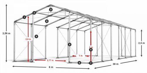 Skladový stan celoroční 6x38x2,5m nehořlavá plachta PVC 600g/m2 konstrukce ZIMA PLUS