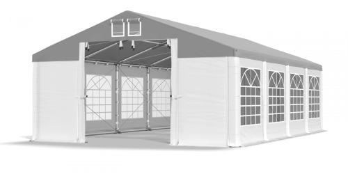 Párty stan 4x10x2,5m střecha PVC 580g/m2 boky PVC 500g/m2 konstrukce ZIMA PLUS - Barva střešní plachty: Šedá, Barva boční plachty: Bílá, Barva svislých pruhů: Bílá
