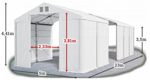 Skladový stan 5x23x3,5m střecha PVC 580g/m2 boky PVC 500g/m2 konstrukce ZIMA PLUS