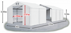 Skladový stan 4x15x2,5m střecha PVC 580g/m2 boky PVC 500g/m2 konstrukce ZIMA