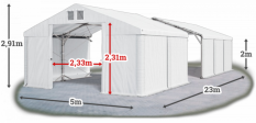 Skladový stan 5x23x2m strecha PVC 580g/m2 boky PVC 500g/m2 konštrukcia POLÁRNA PLUS