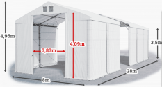 Skladový stan 8x28x3,5m střecha PVC 620g/m2 boky PVC 620g/m2 konstrukce POLÁRNÍ