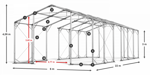 Skladový stan 6x22x3m střecha PVC 580g/m2 boky PVC 500g/m2 konstrukce POLÁRNÍ