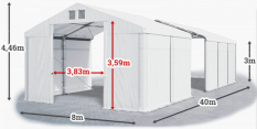 Skladový stan 8x40x3m střecha PVC 560g/m2 boky PVC 500g/m2 konstrukce ZIMA PLUS