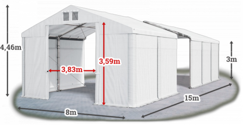 Skladový stan 8x15x3m střecha PVC 580g/m2 boky PVC 500g/m2 konstrukce ZIMA PLUS