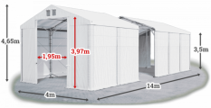 Skladový stan 4x14x3,5m střecha PVC 560g/m2 boky PVC 500g/m2 konstrukce POLÁRNÍ PLUS