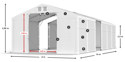Skladový stan 8x14x2,5m střecha PVC 580g/m2 boky PVC 500g/m2 konstrukce POLÁRNÍ