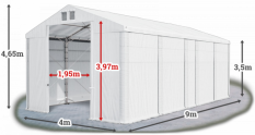 Skladový stan 4x9x3,5m střecha PVC 580g/m2 boky PVC 500g/m2 konstrukce POLÁRNÍ