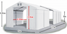 Skladový stan 5x17x3m strecha PVC 580g/m2 boky PVC 500g/m2 konštrukcia ZIMA