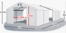 Skladový stan 5x30x2m střecha PVC 560g/m2 boky PVC 500g/m2 konstrukce ZIMA PLUS