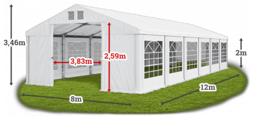 Párty stan 8x23x2m střecha PVC 560g/m2 boky PVC 500g/m2 HALYSTANY.CZ