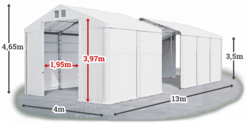 Skladový stan 4x13x3,5m střecha PVC 580g/m2 boky PVC 500g/m2 konstrukce ZIMA