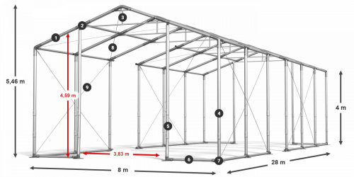Skladový stan 8x28x4m strecha PVC 620g/m2 boky PVC 620g/m2 konštrukcia ZIMA PLUS