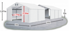 Skladový stan 3x18x2m strecha PVC 560g/m2 boky PVC 500g/m2 konštrukcie LETO