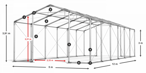 Párty stan 5x12x3m strecha PVC 560g/m2 boky PVC 500g/m2 konštrukcia ZIMA PLUS