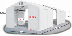 Skladový stan 6x23x3m střecha PVC 580g/m2 boky PVC 500g/m2 konstrukce POLÁRNÍ PLUS