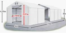 Skladový stan 4x24x3m střecha PVC 560g/m2 boky PVC 500g/m2 konstrukce POLÁRNÍ PLUS
