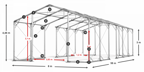 Skladový stan celoročný 8x58x3m nehorľavá plachta PVC 600g/m2 konštrukcia POLÁRNA